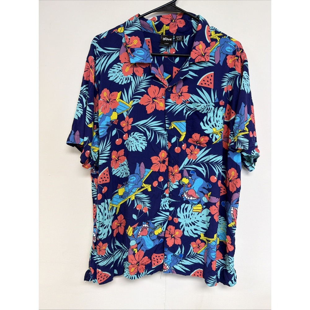 Disney Stitch Hawaiian Shirt Men XL Tropical Button Up Rayon Lilo & Stitch